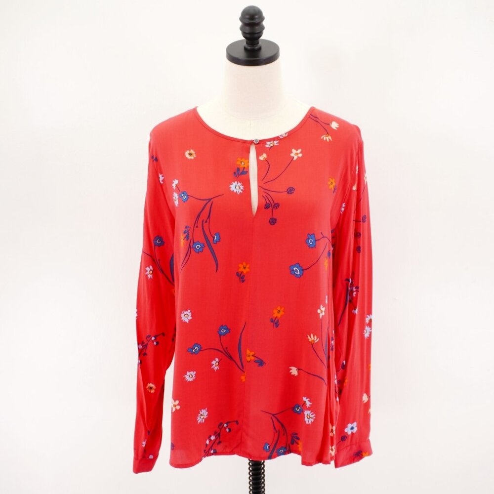 Gap Large Floral Pink Orange Key Hole‎ Blouse Top Long Sleeve